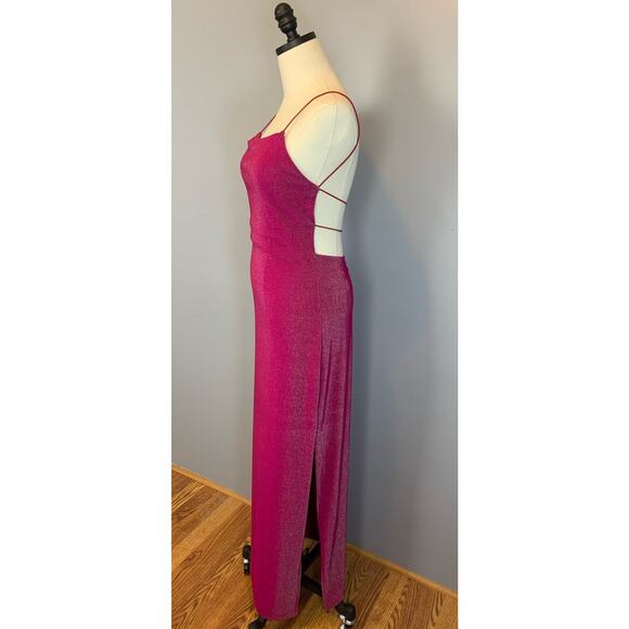 Vtg 90s Y2K City Triangles Open Back Strappy Hot Pink Metallic Bodycon Dress Med - Picture 7 of 17